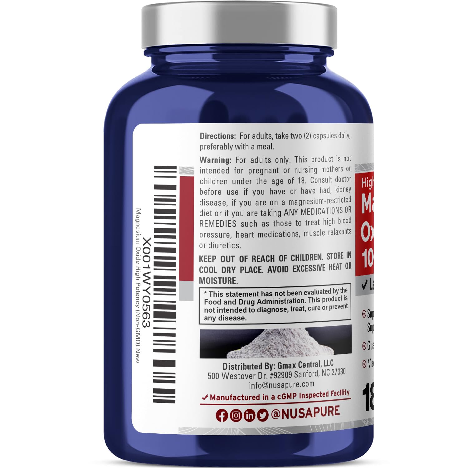 NusaPure Magnesium Oxide 1,000mg per Serving 180 Veggie Caps (Non-GMO, Vegan) - Maple Wellness Supplements