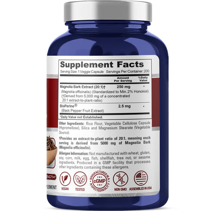 NusaPure Magnolia Bark 20:1 Extract, 250 mg Equivalent to 5,000 mg 200 Vegan Vegetarian Capsules Non-GMO - Maple Wellness Supplements