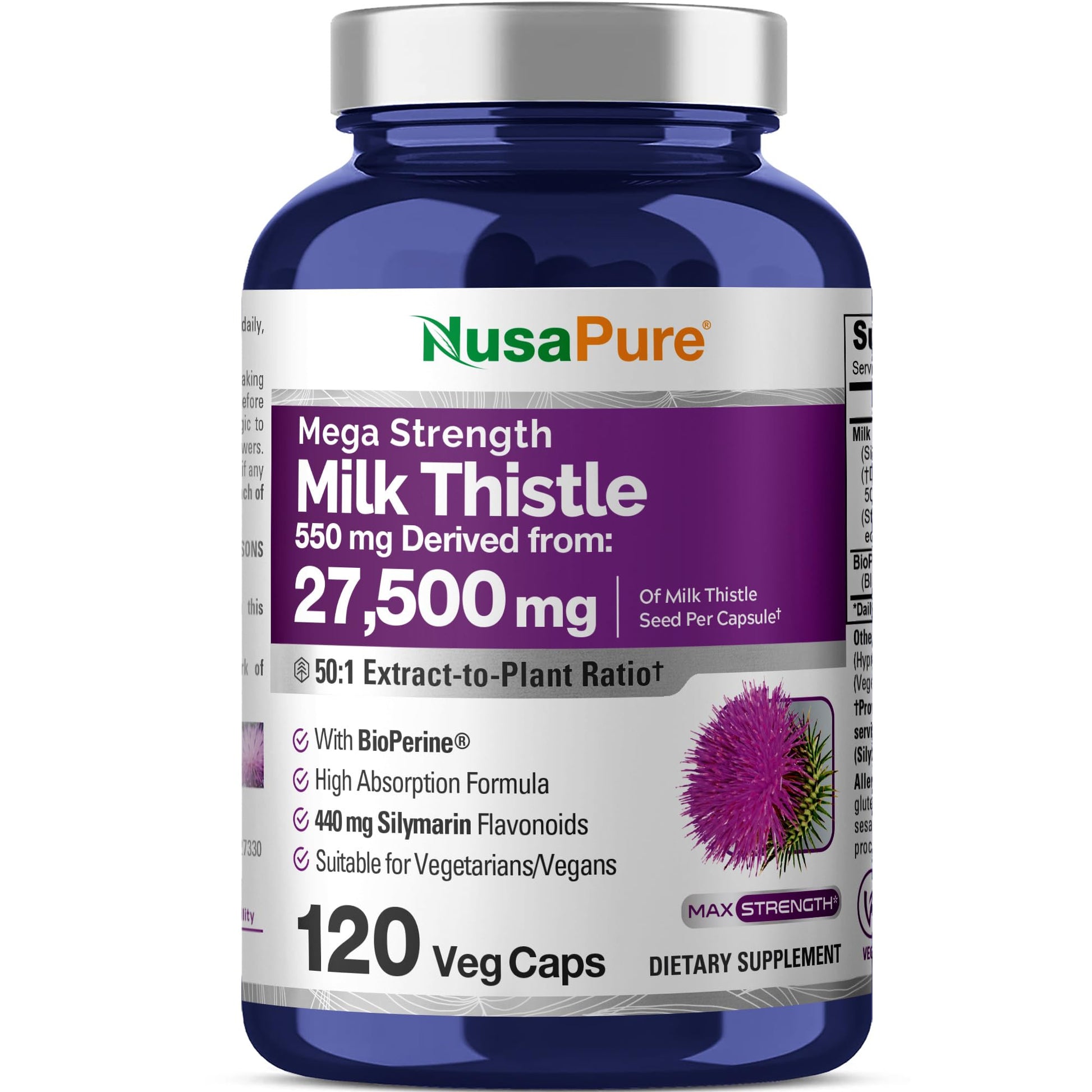 NusaPure Milk Thistle 50:1 Extract, 550 mg Equivalent to 27,500mg 120 Veggie Capsules Non-GMO, Vegan Max Strength - Standardized 80% Silymarin, Bioperine - Maple Wellness Supplements
