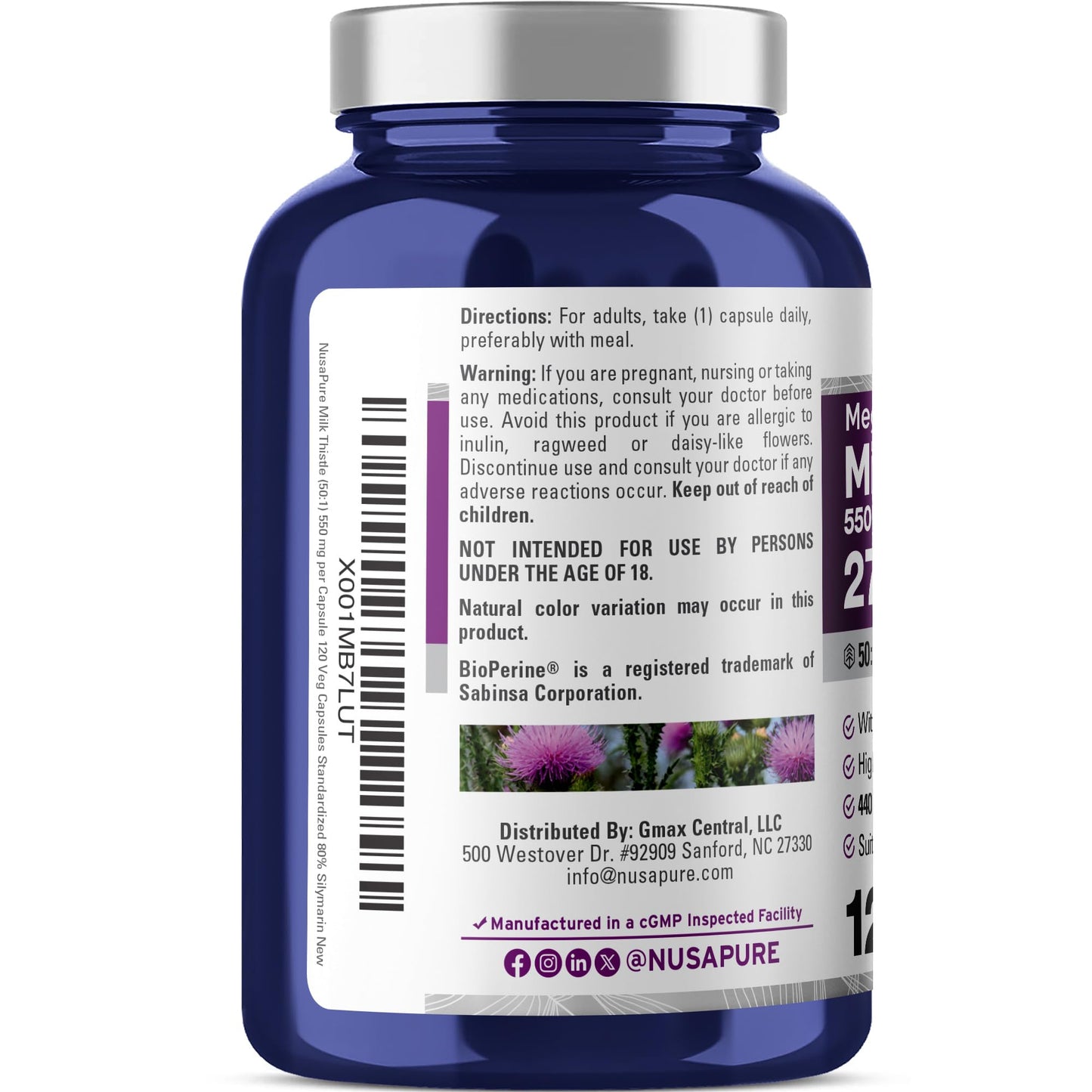 NusaPure Milk Thistle 50:1 Extract, 550 mg Equivalent to 27,500mg 120 Veggie Capsules Non-GMO, Vegan Max Strength - Standardized 80% Silymarin, Bioperine - Maple Wellness Supplements