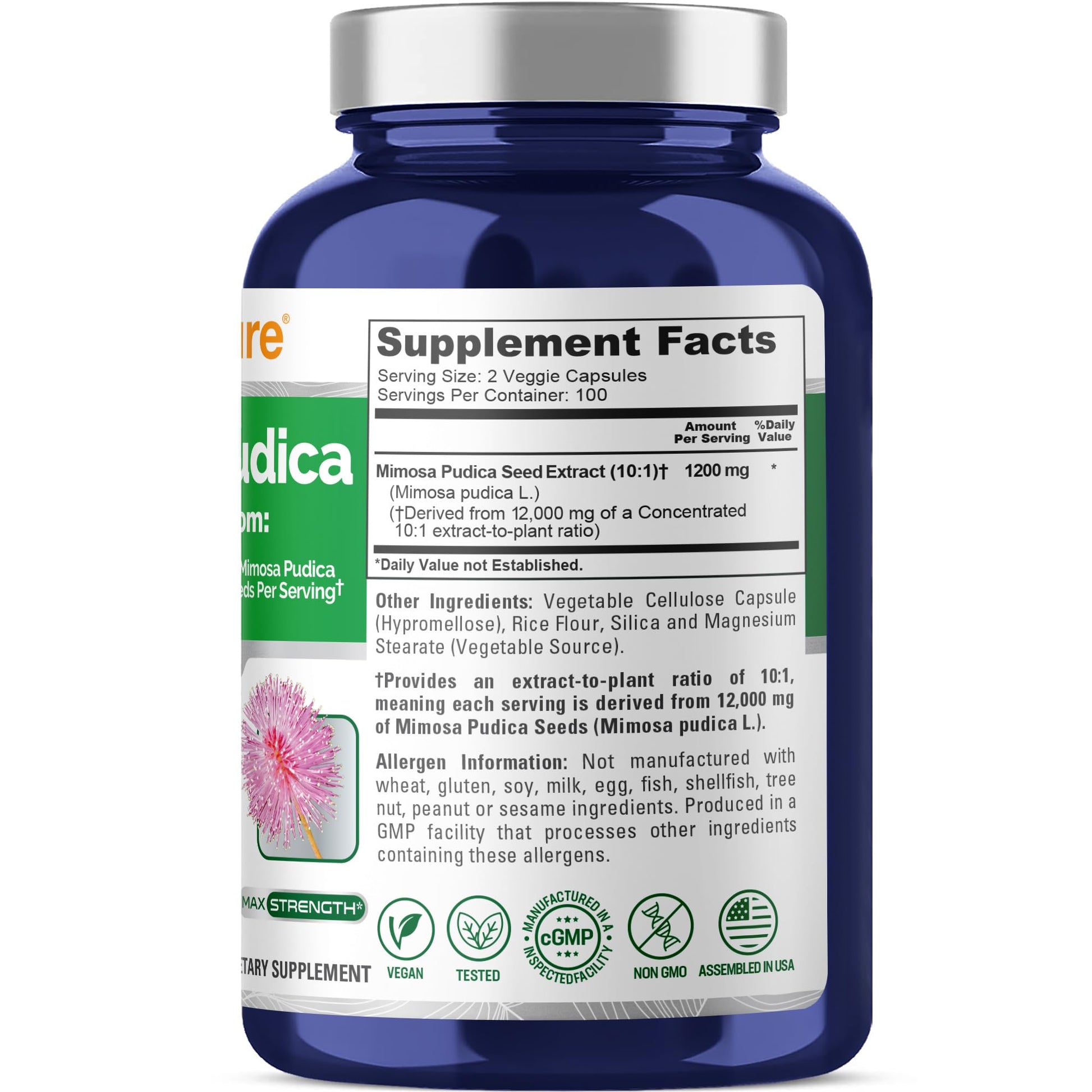 NusaPure Mimosa Pudica Seed 10:1 Extract, 1200 mg Equivalent to 12,000 mg 200 Veg Capsules (Non-GMO, Vegan) - Maple Wellness Supplements