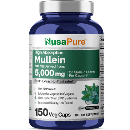 NusaPure Mullein Leaf Capsules 10:1 Extract, 500 mg Equivalent to 5,000 mg per Veggie Caps - 150 Count - Verbascum Thapsus (Non-GMO, Vegan) Dietary Supplement - Maple Wellness Supplements