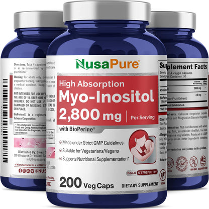 NusaPure Myo-Inositol - Suitable for Vegetarian/Vegan, Non - GMO - 2800mg, 200 Capsules - Maple Wellness Supplements
