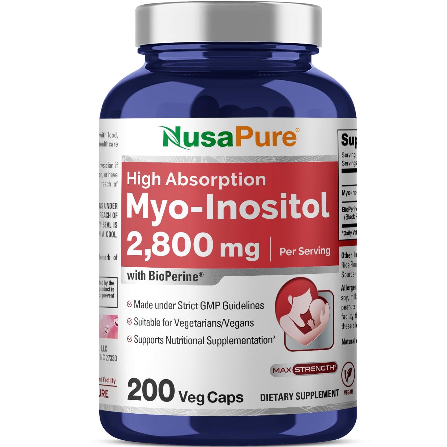 NusaPure Myo-Inositol - Suitable for Vegetarian/Vegan, Non - GMO - 2800mg, 200 Capsules - Maple Wellness Supplements