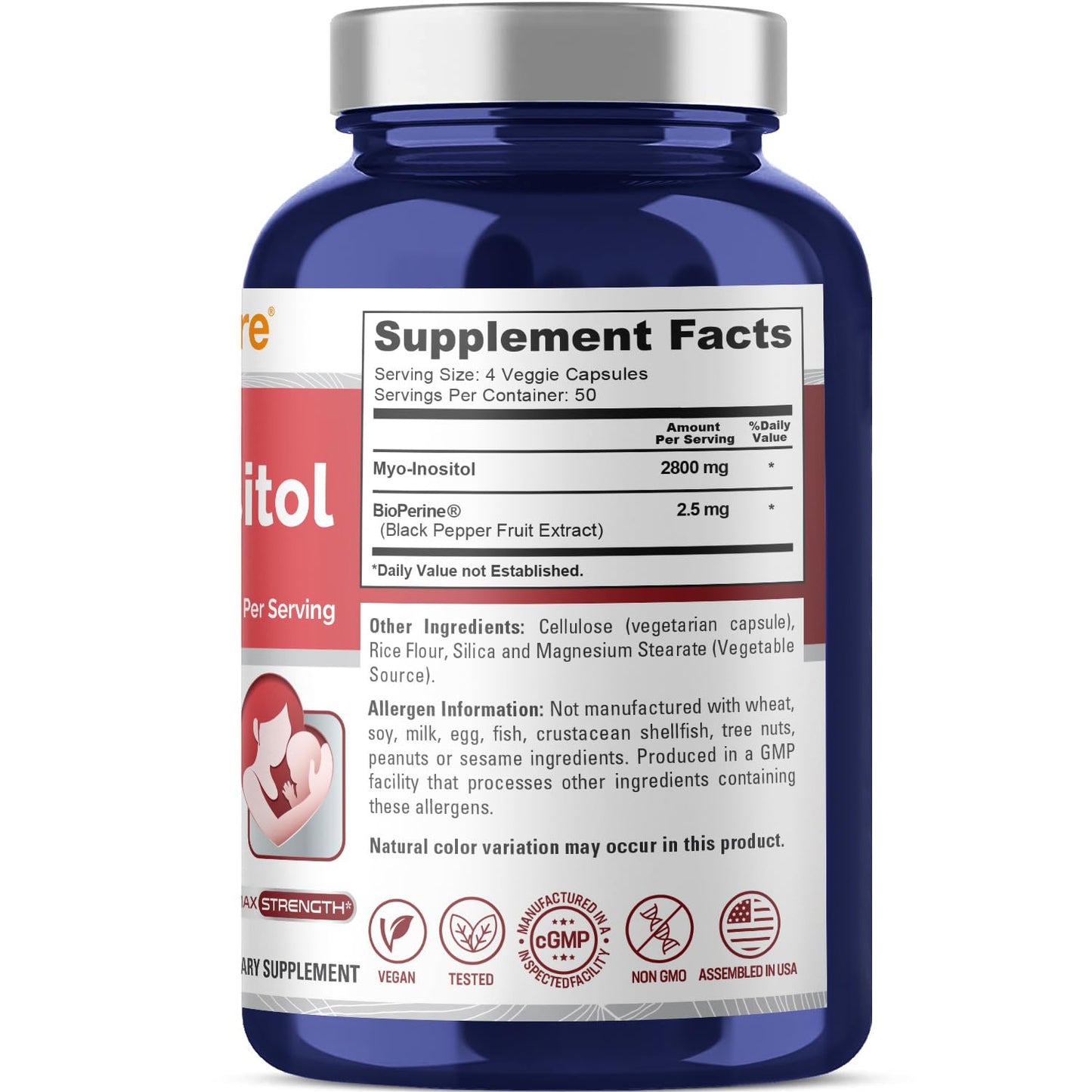 NusaPure Myo-Inositol - Suitable for Vegetarian/Vegan, Non - GMO - 2800mg, 200 Capsules - Maple Wellness Supplements