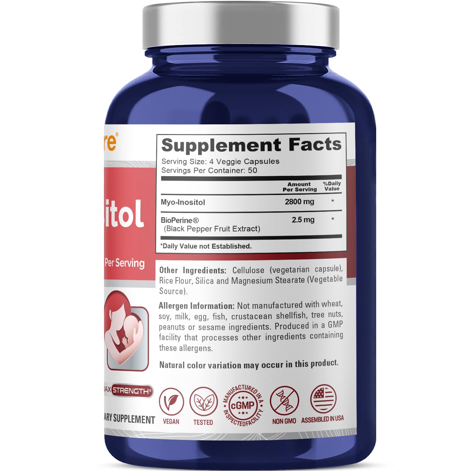 NusaPure Myo-Inositol - Suitable for Vegetarian/Vegan, Non - GMO - 2800mg, 200 Capsules - Maple Wellness Supplements