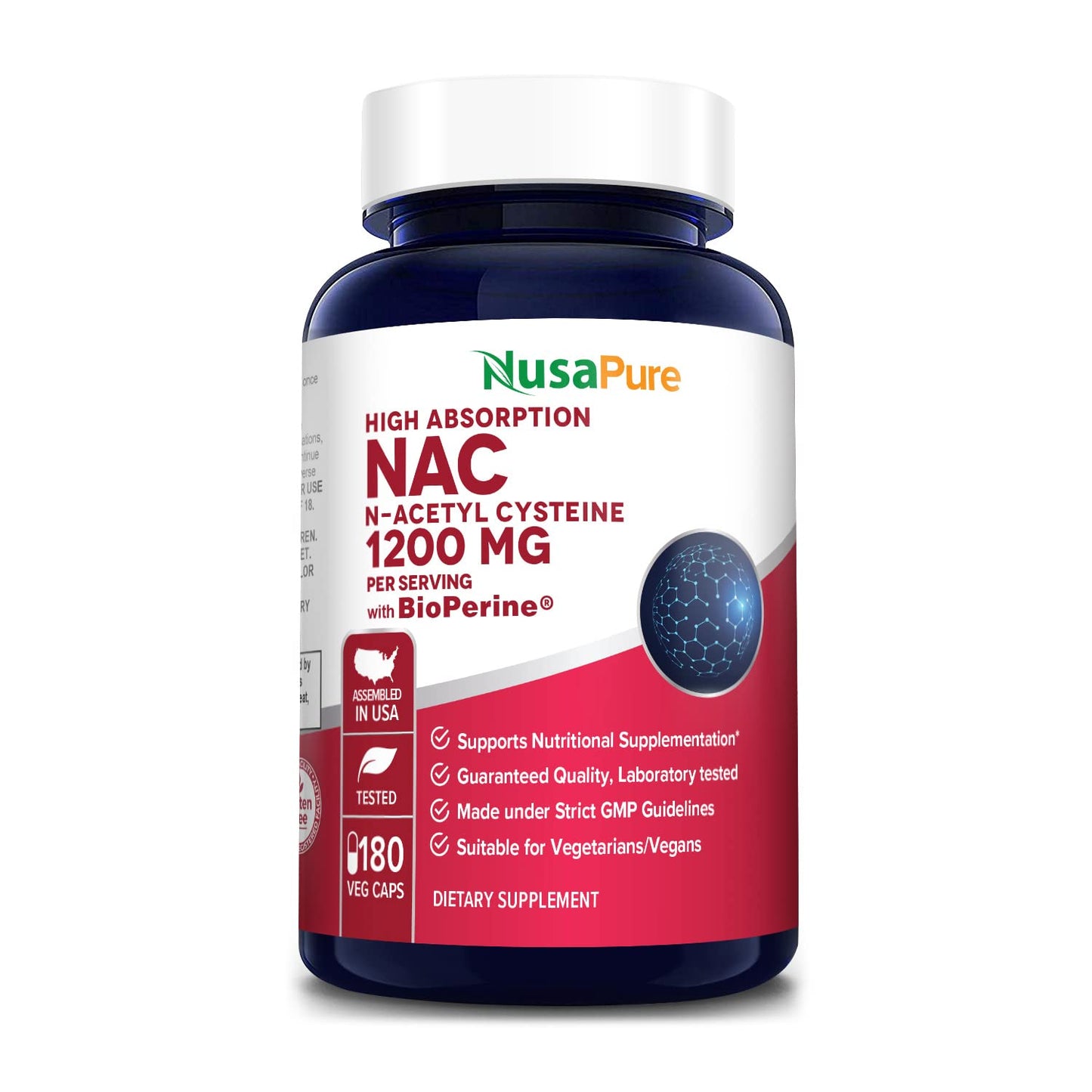 NusaPure N-Acetyl Cysteine (NAC) 1200mg 180 Veggie Caps (Vegetarian, Non-GMO, Gluten Free) Bioperine - Maple Wellness Supplements