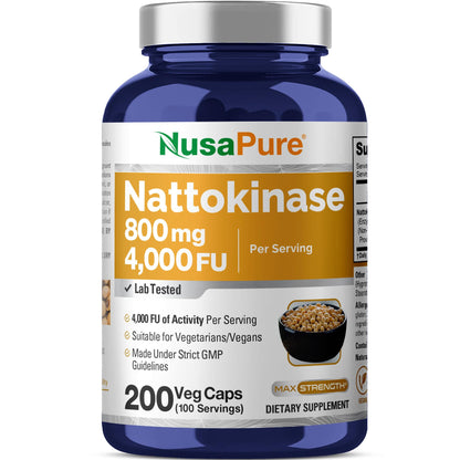 NusaPure Nattokinase 4000 FU 800mg, 200 Veggie Capsules (Vegan, Non-GMO) - Maple Wellness Supplements