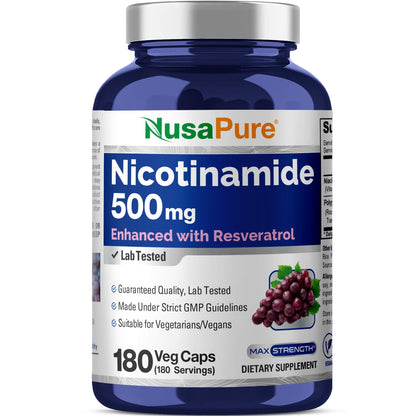 NusaPure Nicotinamide with Resveratrol (Vitamin B-3) 500 mg - 180 Vegetarian Caps (Non-GMO & Vegan) - Maple Wellness Supplements
