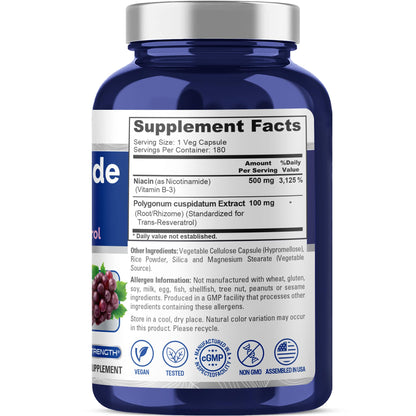 NusaPure Nicotinamide with Resveratrol (Vitamin B-3) 500 mg - 180 Vegetarian Caps (Non-GMO & Vegan) - Maple Wellness Supplements
