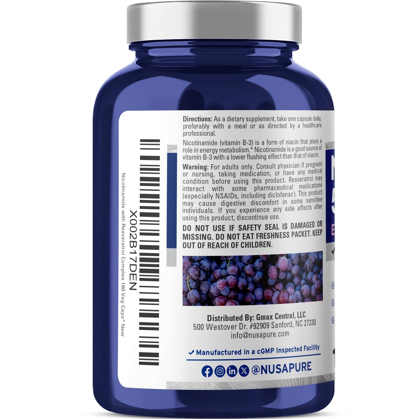 NusaPure Nicotinamide with Resveratrol (Vitamin B-3) 500 mg - 180 Vegetarian Caps (Non-GMO & Vegan) - Maple Wellness Supplements