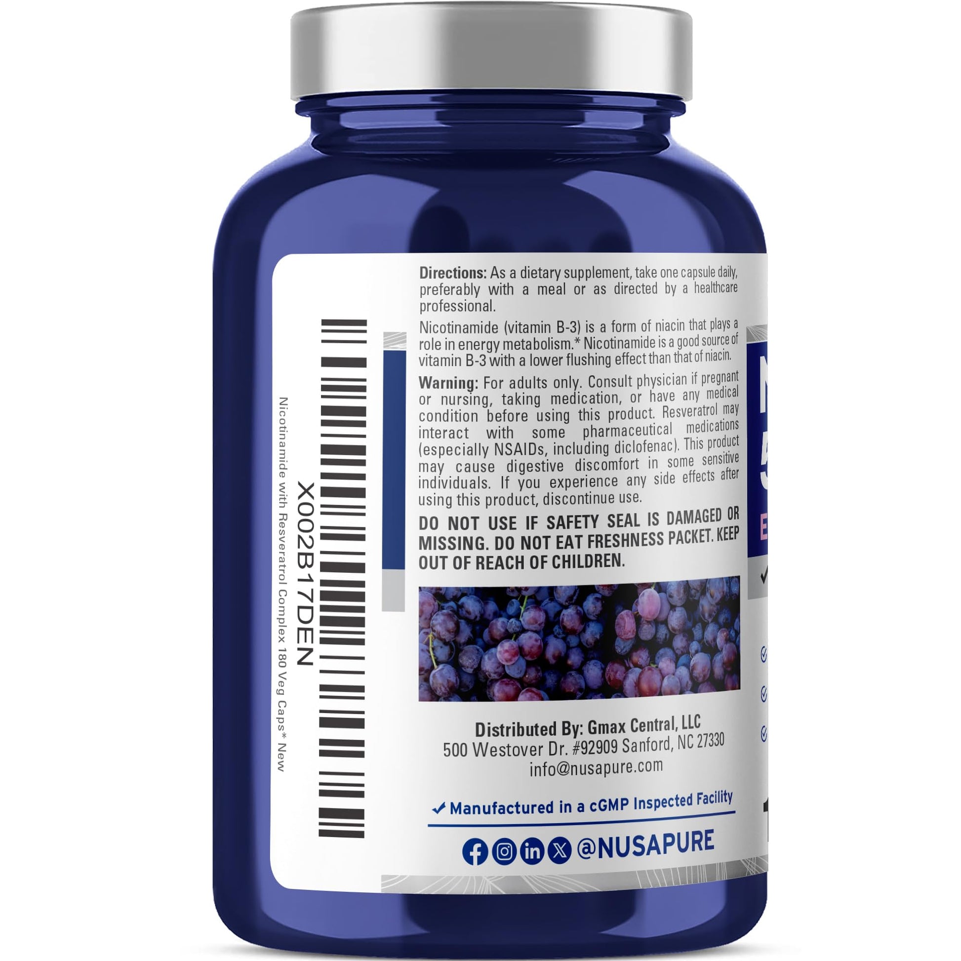 NusaPure Nicotinamide with Resveratrol (Vitamin B-3) 500 mg - 180 Vegetarian Caps (Non-GMO & Vegan) - Maple Wellness Supplements