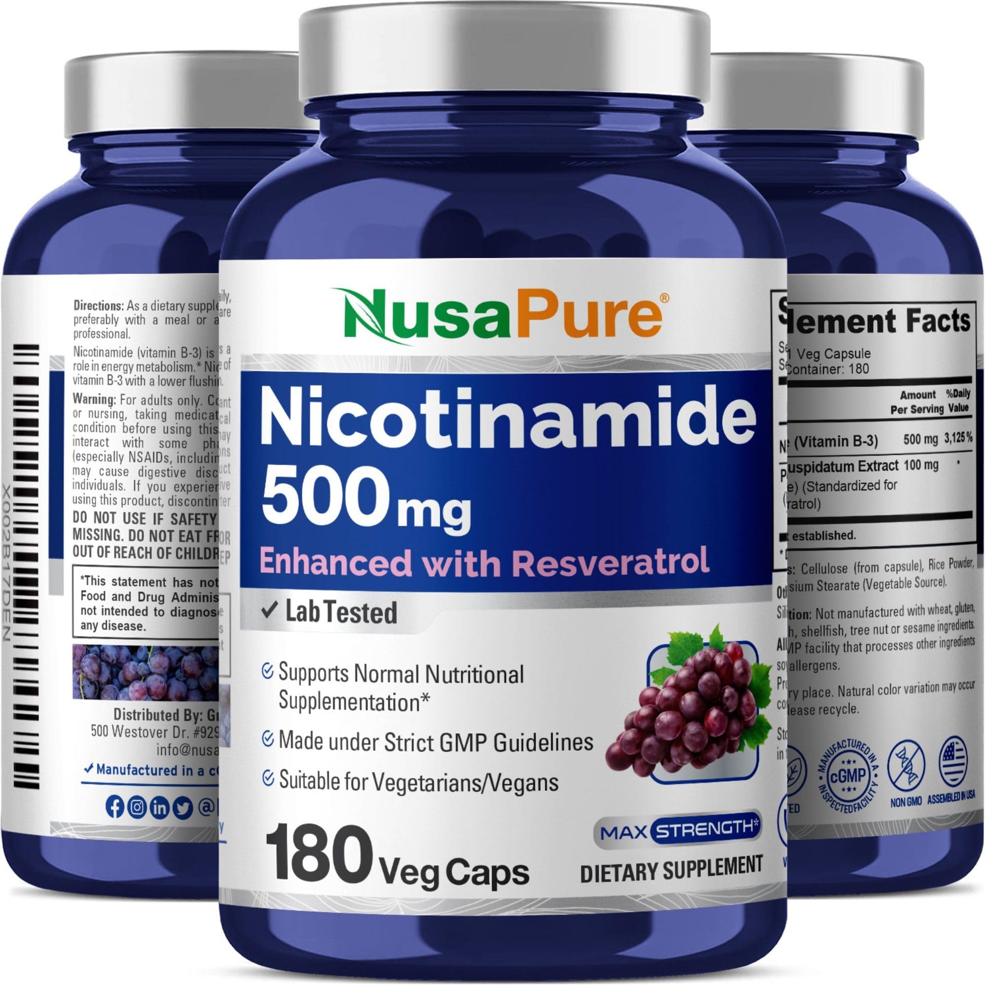 NusaPure Nicotinamide with Resveratrol (Vitamin B-3) 500 mg - 180 Vegetarian Caps (Non-GMO & Vegan) - Maple Wellness Supplements
