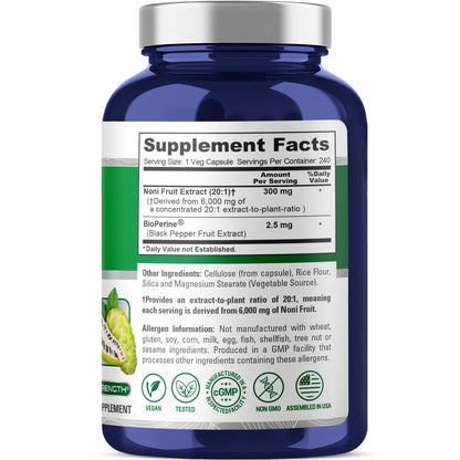 NusaPure Noni Fruit 20:1 Extract, 300 mg Equivalent to 6,000 mg 240 Capsules Suitable for Vegetarian/Vegan, Non-GMO - Maple Wellness Supplements