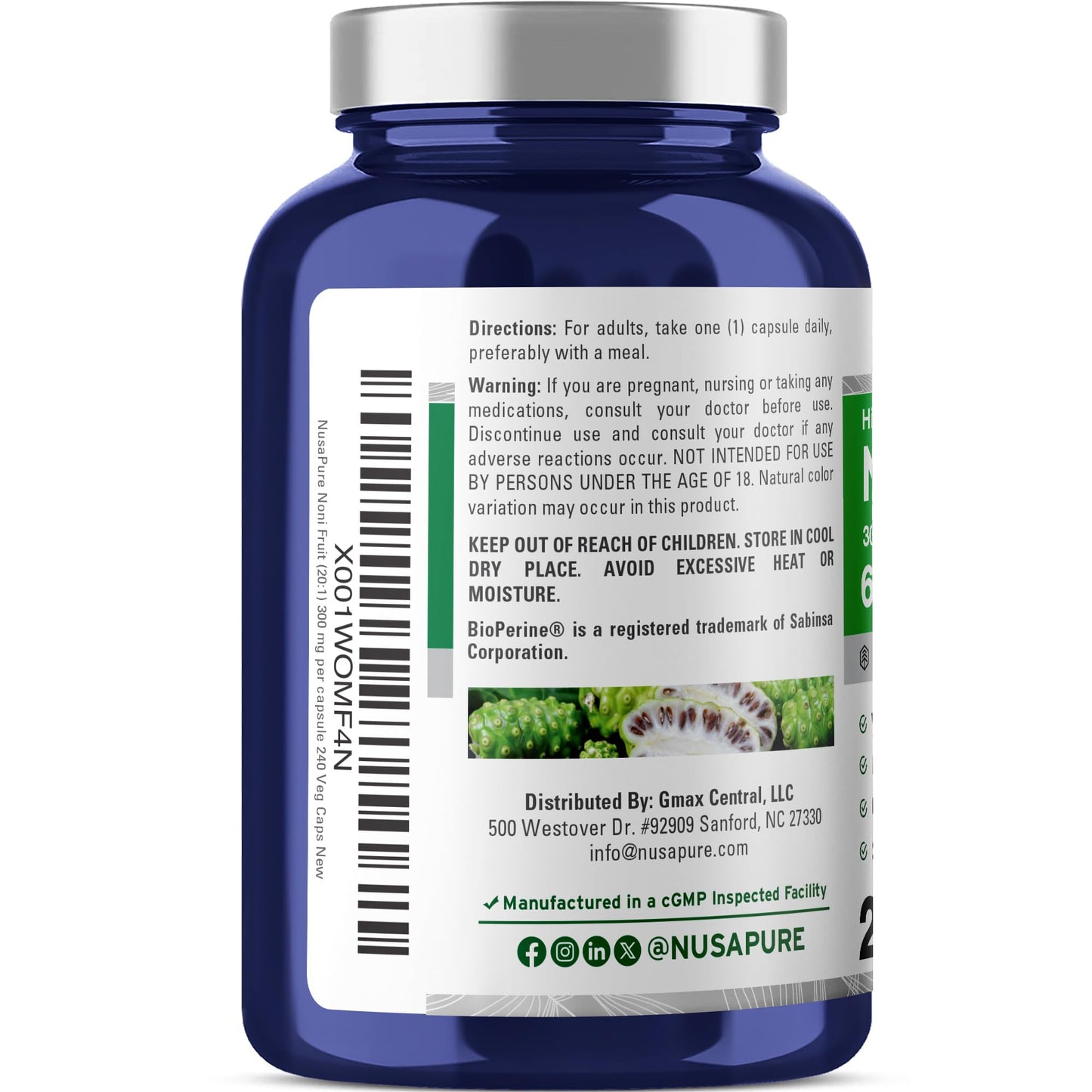 NusaPure Noni Fruit 20:1 Extract, 300 mg Equivalent to 6,000 mg 240 Capsules Suitable for Vegetarian/Vegan, Non-GMO - Maple Wellness Supplements