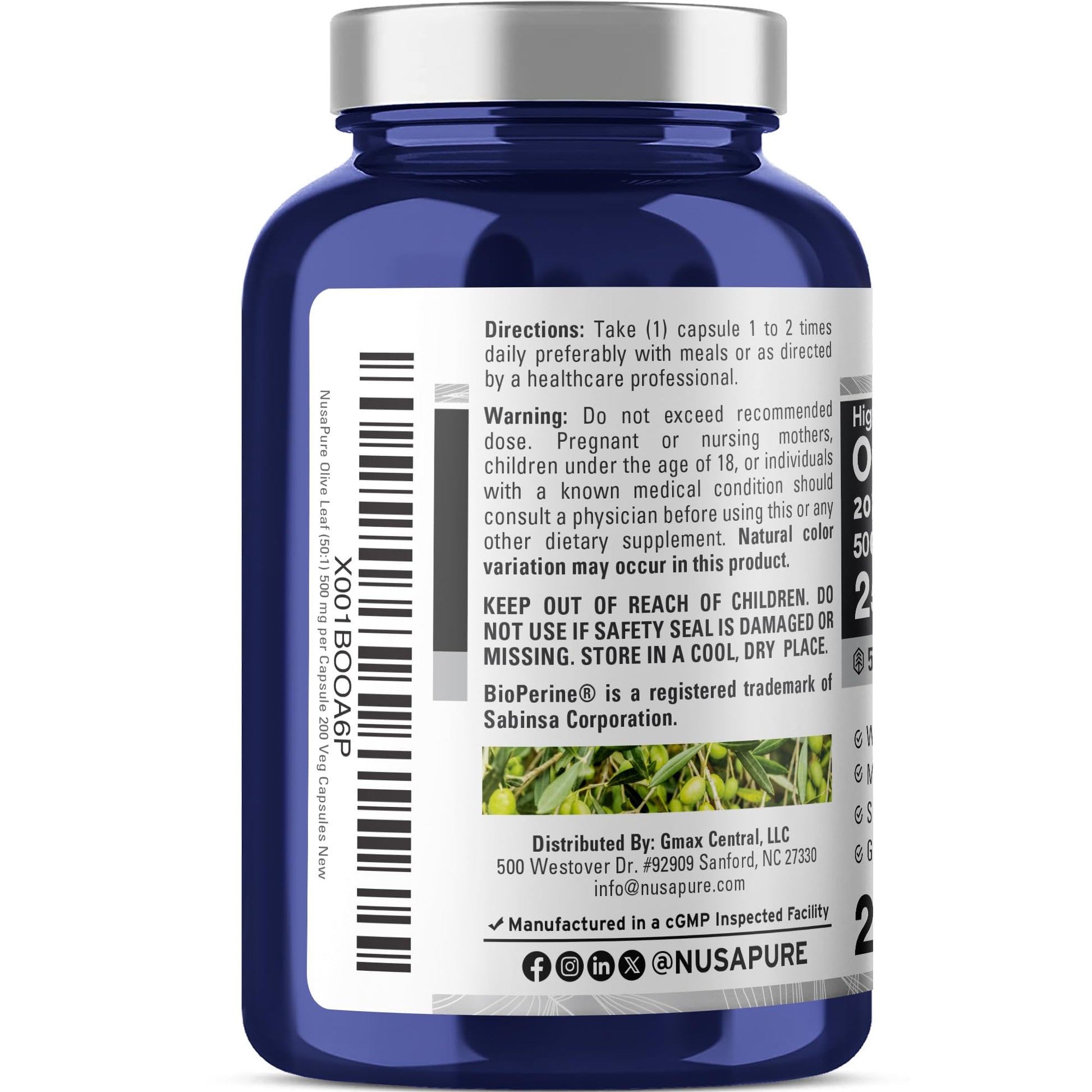 NusaPure Olive Leaf 20% Oleuropein 50:1 Extract, 500 mg Equivalent to 25,000 mg 200 Veg Caps Suitable for Vegetarians and Vegans, Non-GMO - Maple Wellness Supplements