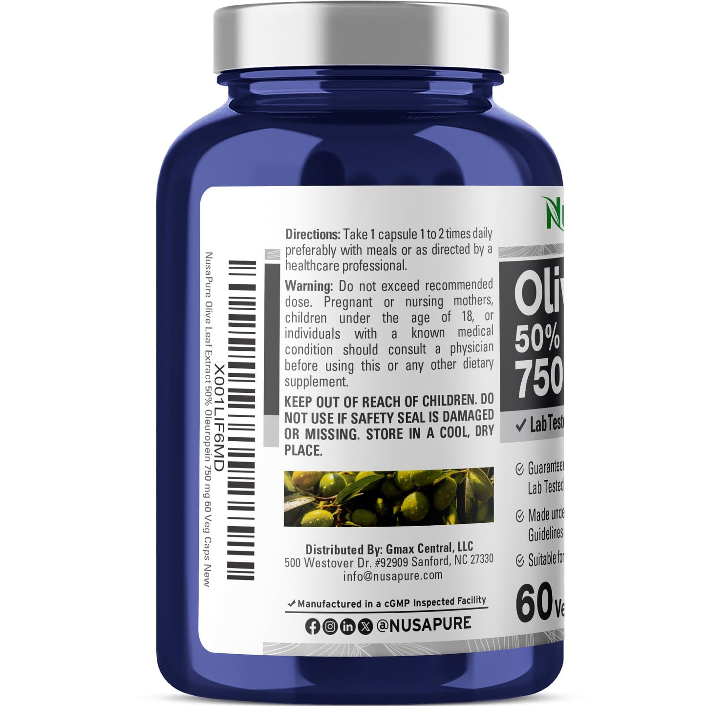 NusaPure Olive Leaf Extract 750 mg - 50% Oleuropein - Vegan and Vegetarian Non-GMO - Super Strength - No Oil - 60 Capsules - Maple Wellness Supplements