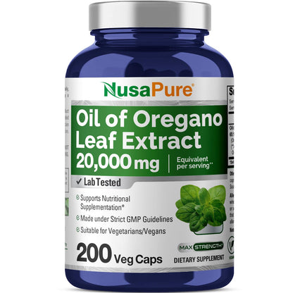 NusaPure Oregano Oil Extract 20000mg | 200 Veggie Powder Capsules | Naturally Occurring Carvacrol | Non-GMO and Vegan Extract 65:1 - Maple Wellness Supplements