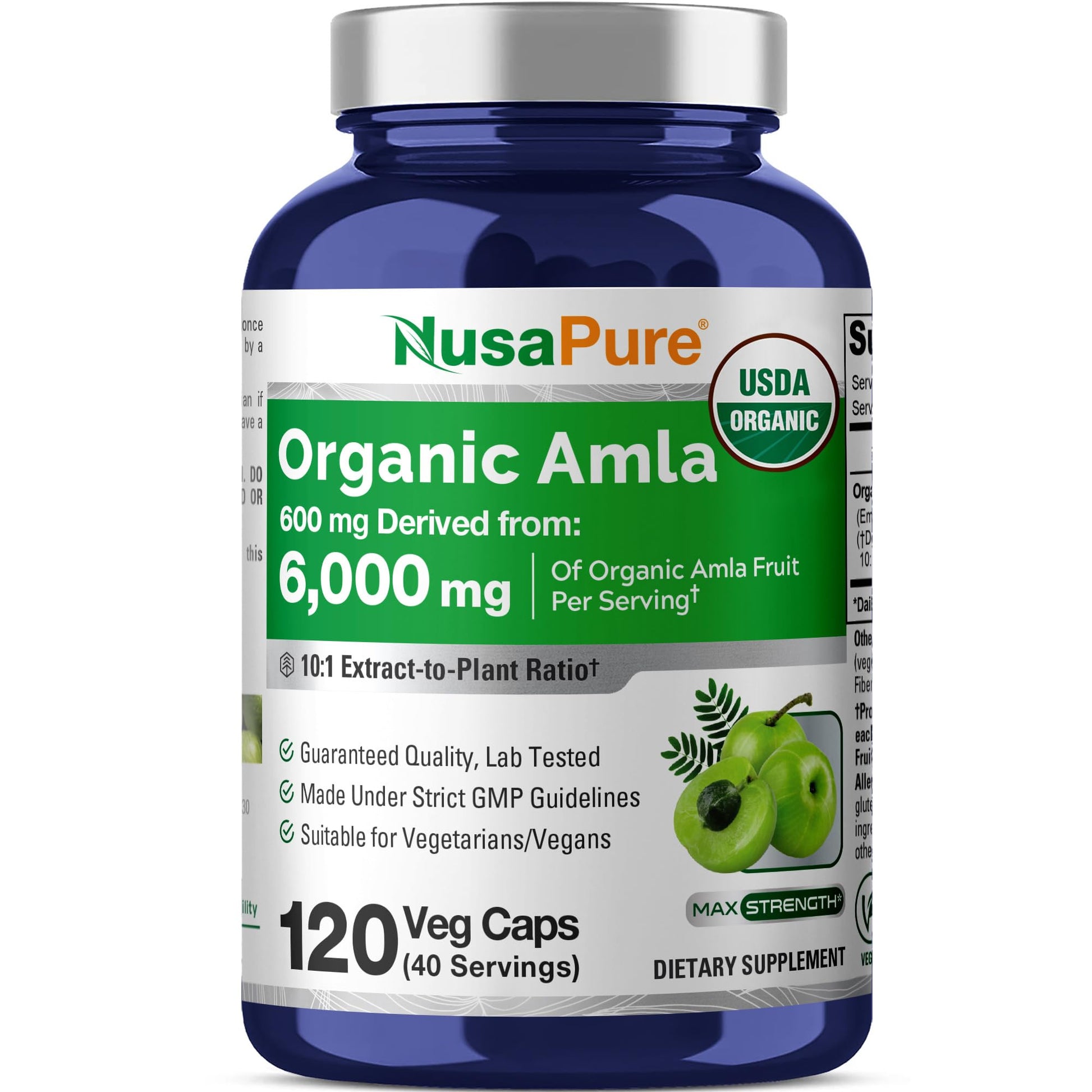 NusaPure Organic Amla Capsules 10:1 Extract, 600 mg Equivalent to 6,000mg | 120 Count | Amalaki Fruit | USDA, Vegan, Non-GMO Supplement - Maple Wellness Supplements