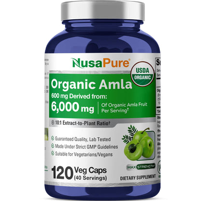 NusaPure Organic Amla Capsules 10:1 Extract, 600 mg Equivalent to 6,000mg | 120 Count | Amalaki Fruit | USDA, Vegan, Non-GMO Supplement - Maple Wellness Supplements