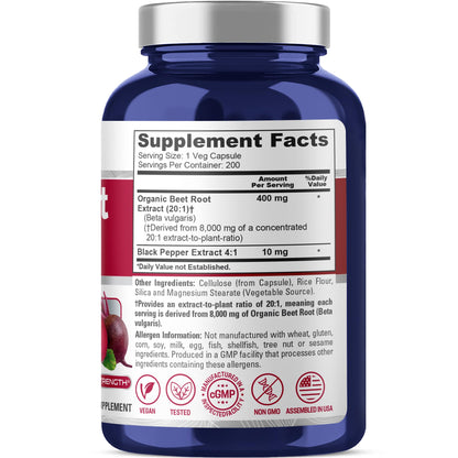 NusaPure Organic Beet Root 20:1 Extract, 400 mg Equivalent to 8,000 mg - Black Pepper 4:1 Extract, 10 mg - 200 Veggie caps (Vegan, Non-GMO) - Maple Wellness Supplements