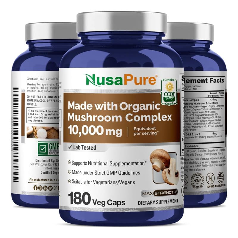 NusaPure Organic Mushroom Complex 10,000mg per Capsule, 180 Veggie Caps, Non-GMO, Enoki, Turkey Tail, Reishi, Chaga, Maitake - Maple Wellness Supplements