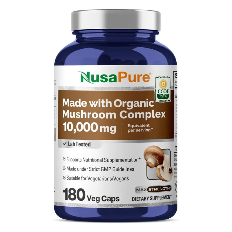 NusaPure Organic Mushroom Complex 10,000mg per Capsule, 180 Veggie Caps, Non-GMO, Enoki, Turkey Tail, Reishi, Chaga, Maitake - Maple Wellness Supplements
