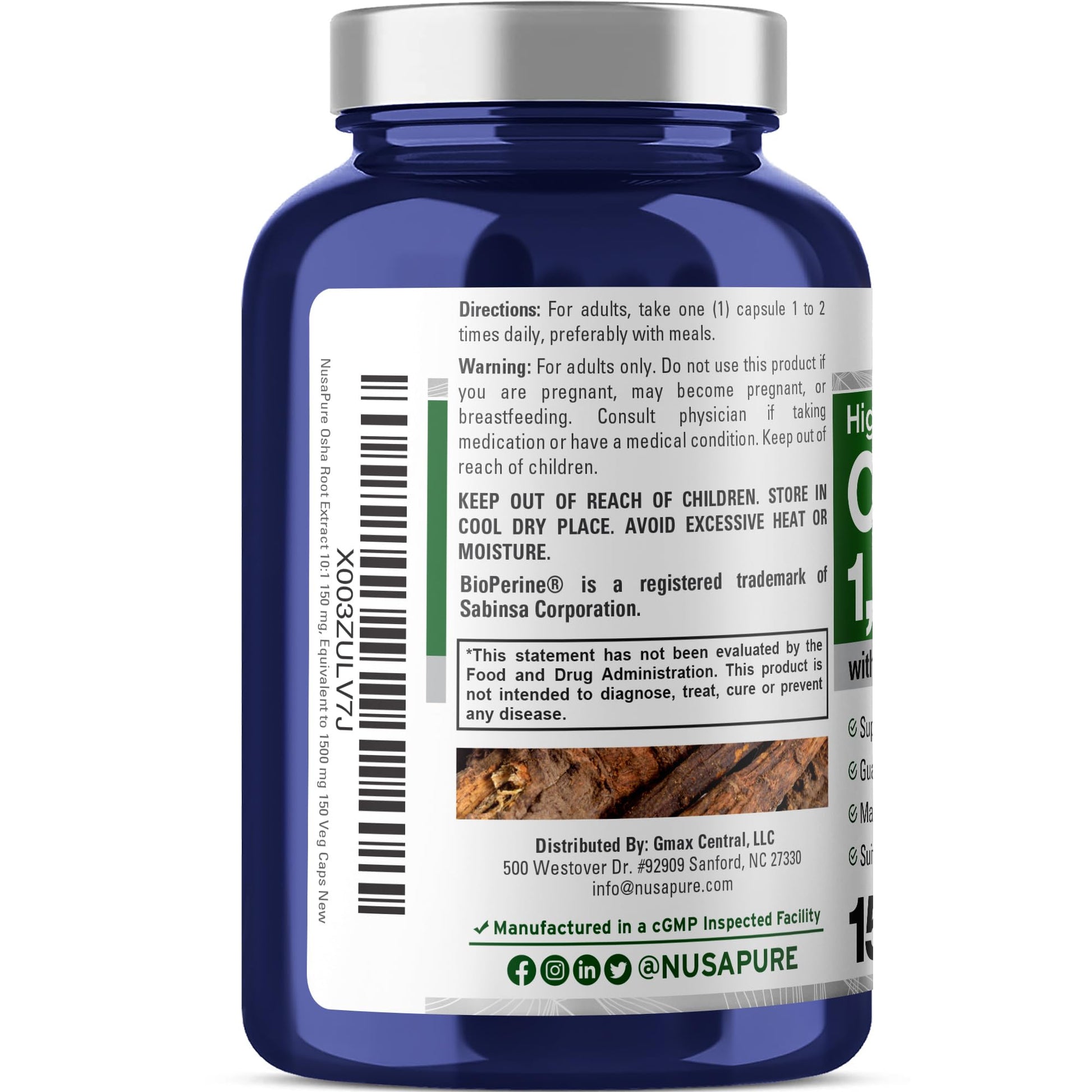 NusaPure OSHA Root Extract 1500 mg per Vegan Caps - 150 Count (10:1 Extract, Non-GMO, Vegan, Bioperine) Ligusticum Porteri - Maple Wellness Supplements