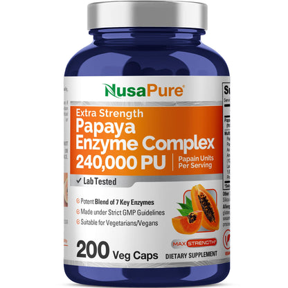 NusaPure Papaya Papain Enzyme Complex 240,000 PU - 200 Veggie Caps - Suitable for Vegetarian, Vegan Non-GMO - Maple Wellness Supplements
