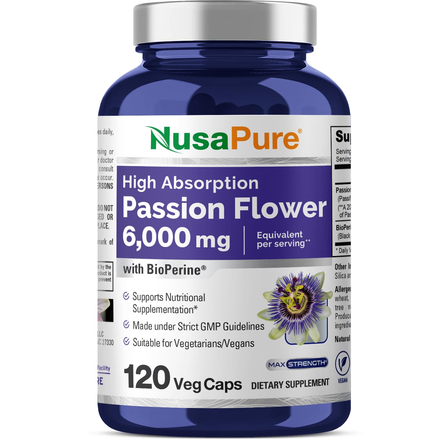 NusaPure Passion Flower 20:1 Extract, 300 mg Equivalent to 6,000mg, 120 Veggie Caps, Non-GMO, Bioperine, & Vegan Extract Supplement - Maple Wellness Supplements