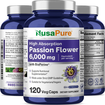 NusaPure Passion Flower 20:1 Extract, 300 mg Equivalent to 6,000mg, 120 Veggie Caps, Non-GMO, Bioperine, & Vegan Extract Supplement - Maple Wellness Supplements
