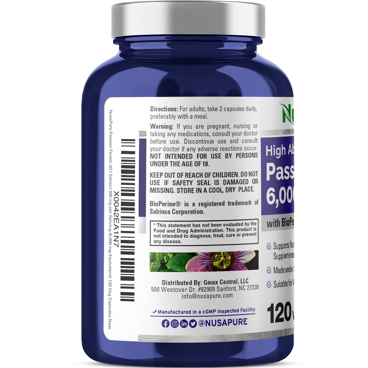 NusaPure Passion Flower 20:1 Extract, 300 mg Equivalent to 6,000mg, 120 Veggie Caps, Non-GMO, Bioperine, & Vegan Extract Supplement - Maple Wellness Supplements