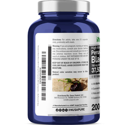NusaPure Peruvian Black Maca Root Extract 50:1 - Suitable for Vegetarian/Vegan, Non - GMO - 37500 mg - 200 Capsules - Maple Wellness Supplements