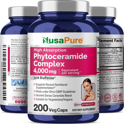 NusaPure Phytoceramide Complex 10:1 Extract, 1030 mg Equivalent to 4000 mg 200 Veggie Capsules (Non-GMO) Bioperine - Maple Wellness Supplements