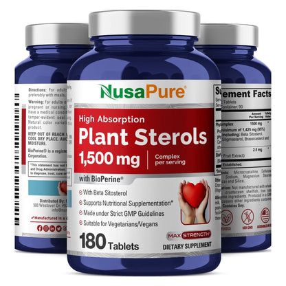 NusaPure Plant Sterols 1500 mg - 180 Tablets (Non-GMO, Vegan) Beta Sitosterol, Bioperine - Maple Wellness Supplements