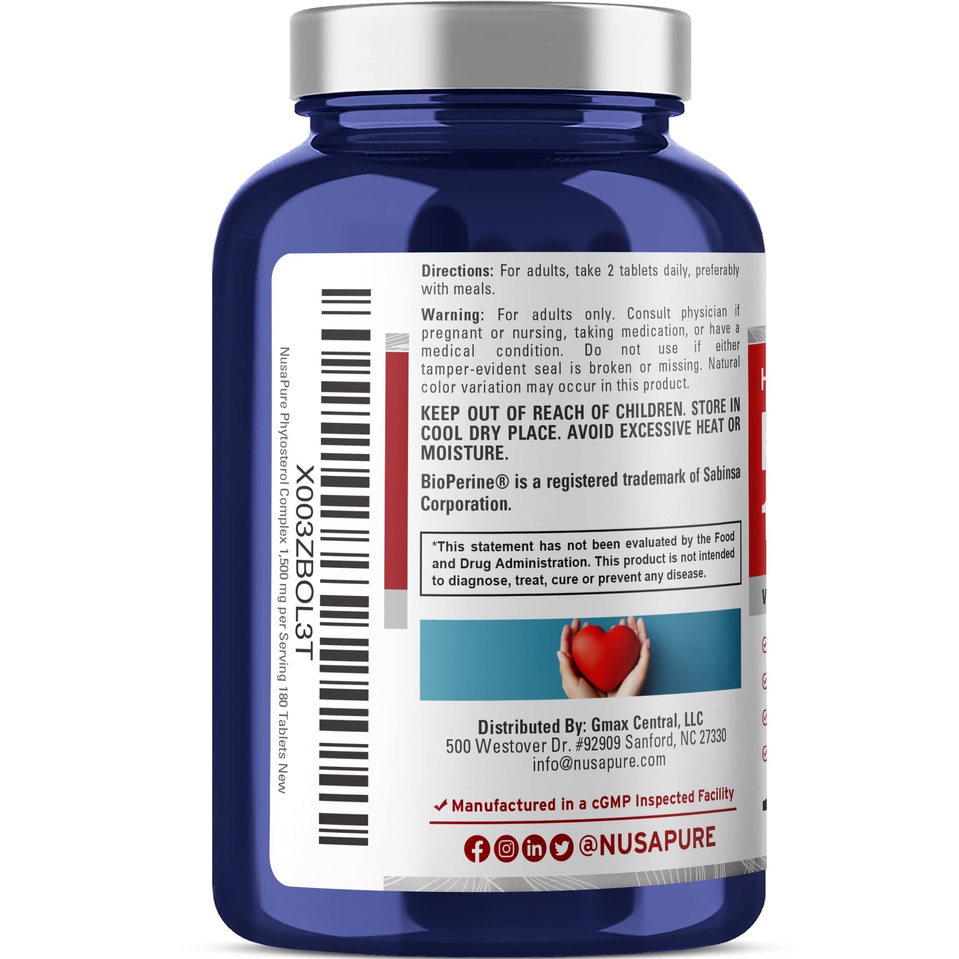 NusaPure Plant Sterols 1500 mg - 180 Tablets (Non-GMO, Vegan) Beta Sitosterol, Bioperine - Maple Wellness Supplements