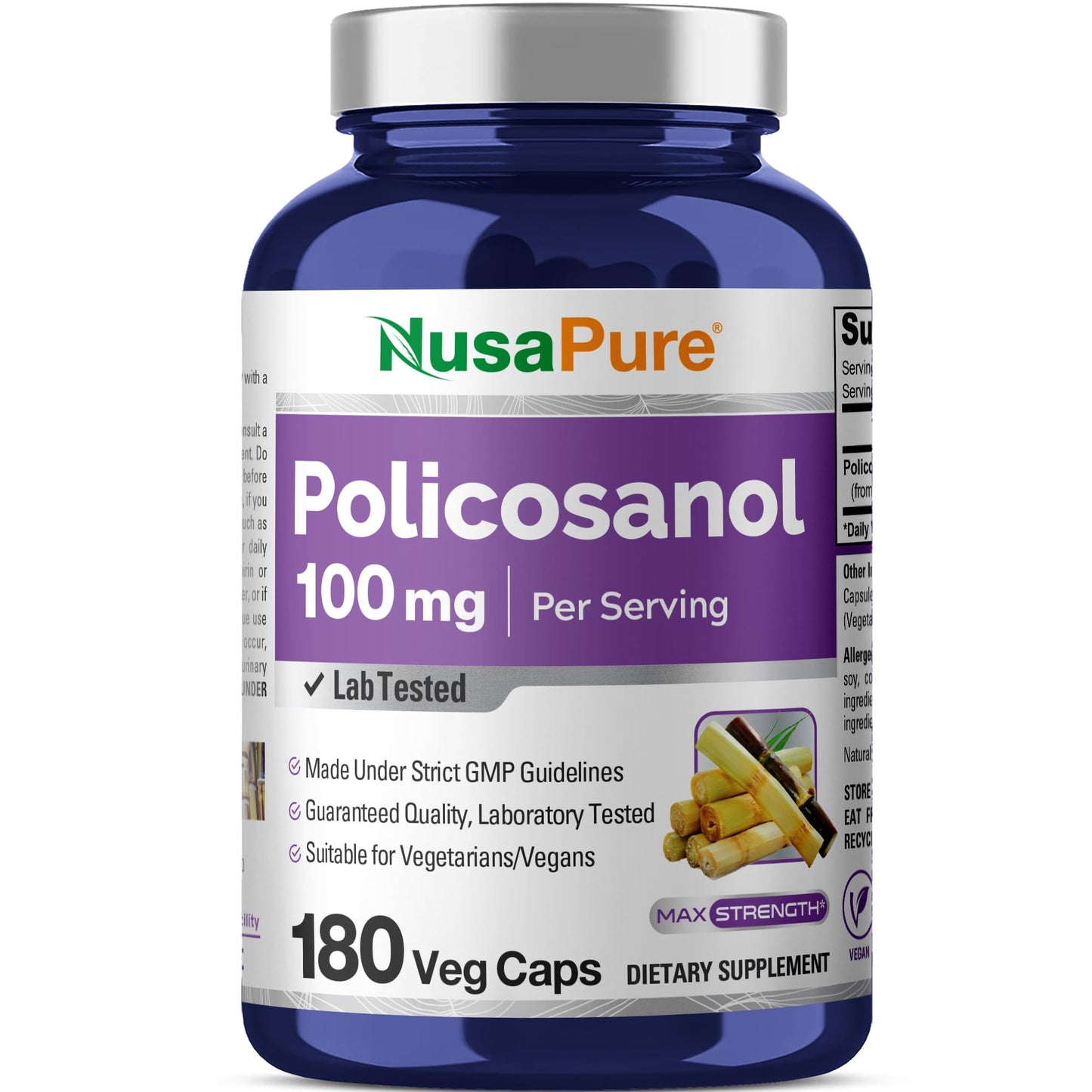 NusaPure Policosanol 100mg 180 Veggie Capsules (Vegan, Non-GMO) - Maple Wellness Supplements
