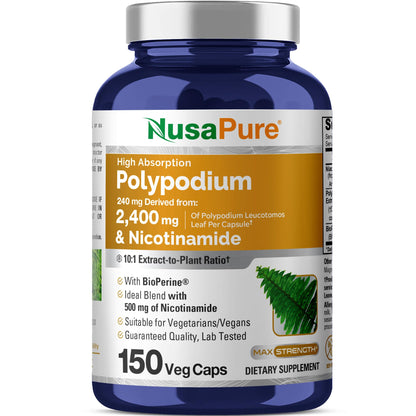 NusaPure Polypodium Nicotinamide 10:1 Extract, 240 mg Equivalent to 2,400 mg per Veg Caps - 150 Count (Non-GMO, Soyfree, Bioperine) - Maple Wellness Supplements