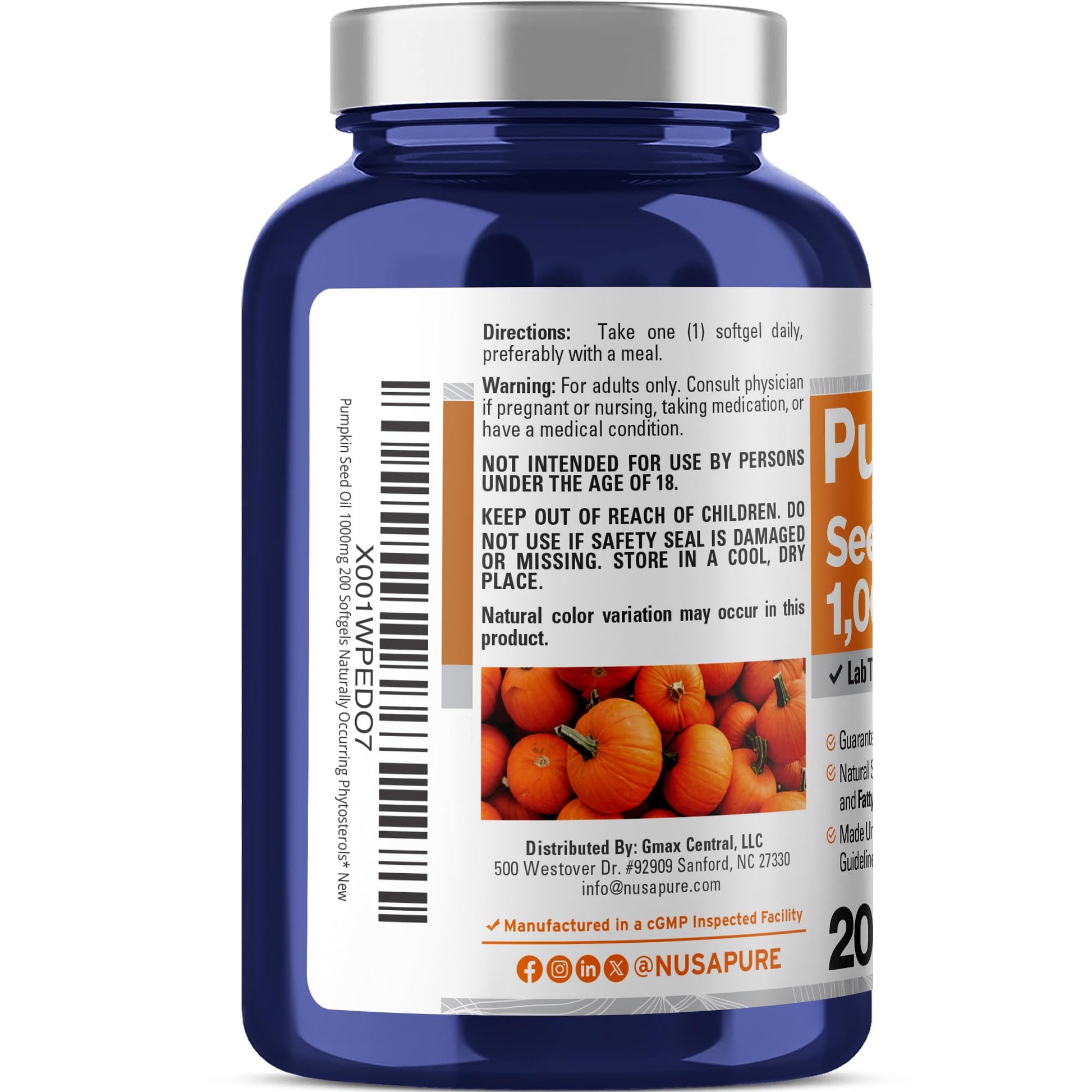NusaPure Pumpkin Seed Oil 1000mg 200 Softgel Capsules (Non-GMO, Soyfree) Naturally Occurring Phytosterols - Maple Wellness Supplements