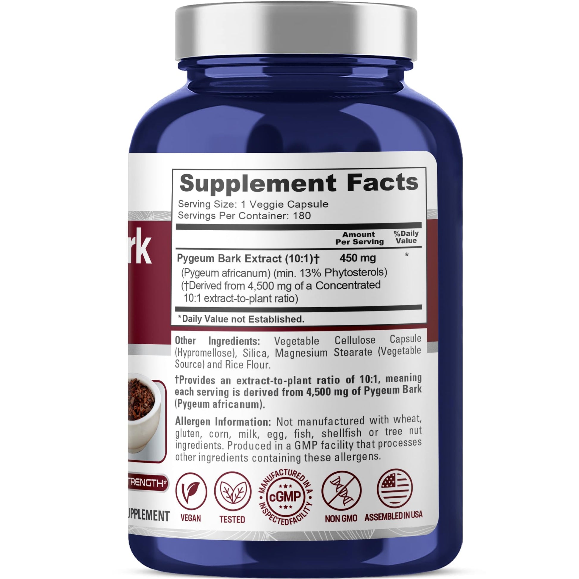 NusaPure Pygeum Bark 10:1 Extract, 450 mg Equivalent to 4,500mg 180 Veggie Caps (Non-GMO, Vegan) - Maple Wellness Supplements