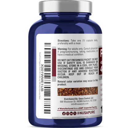 NusaPure Pygeum Bark 10:1 Extract, 450 mg Equivalent to 4,500mg 180 Veggie Caps (Non-GMO, Vegan) - Maple Wellness Supplements