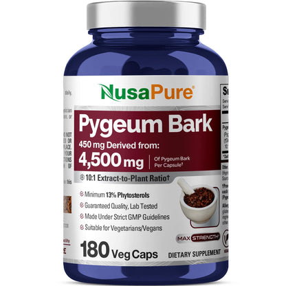 NusaPure Pygeum Bark 10:1 Extract, 450 mg Equivalent to 4,500mg 180 Veggie Caps (Non-GMO, Vegan) - Maple Wellness Supplements