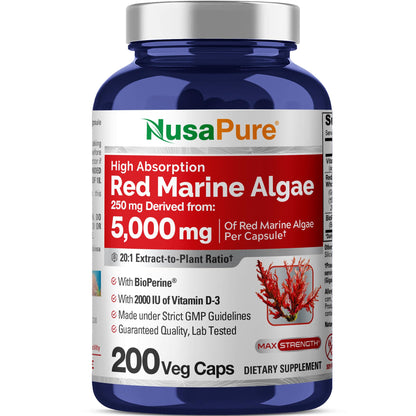 NusaPure Red Marine Algae 20:1 Extract, 250 mg Equivalent to 5,000 mg 200 Veggie Capsules (Non-GMO & Soy Free) Bioperine - Maple Wellness Supplements