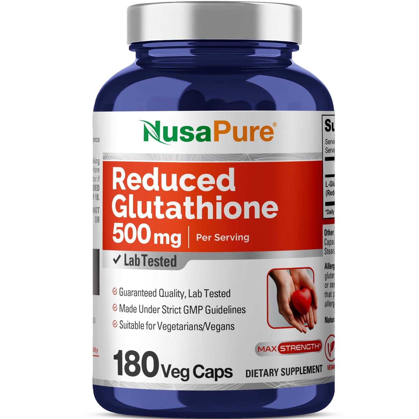 NusaPure Reduced Glutathione 500mg 180 Veggie Capsules (Vegan,Non-GMO) L-Glutathione - Maple Wellness Supplements