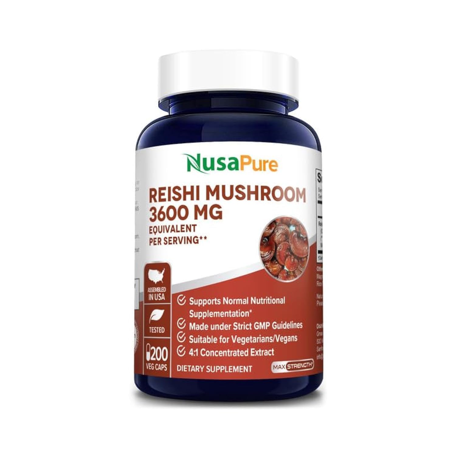 NusaPure Reishi Mushroom 4:1 Extract, 900 mg Equivalent to 3,600mg per Capsule 200 Veggie Caps Vegan, Non-GMO, Gluten-Free - Maple Wellness Supplements
