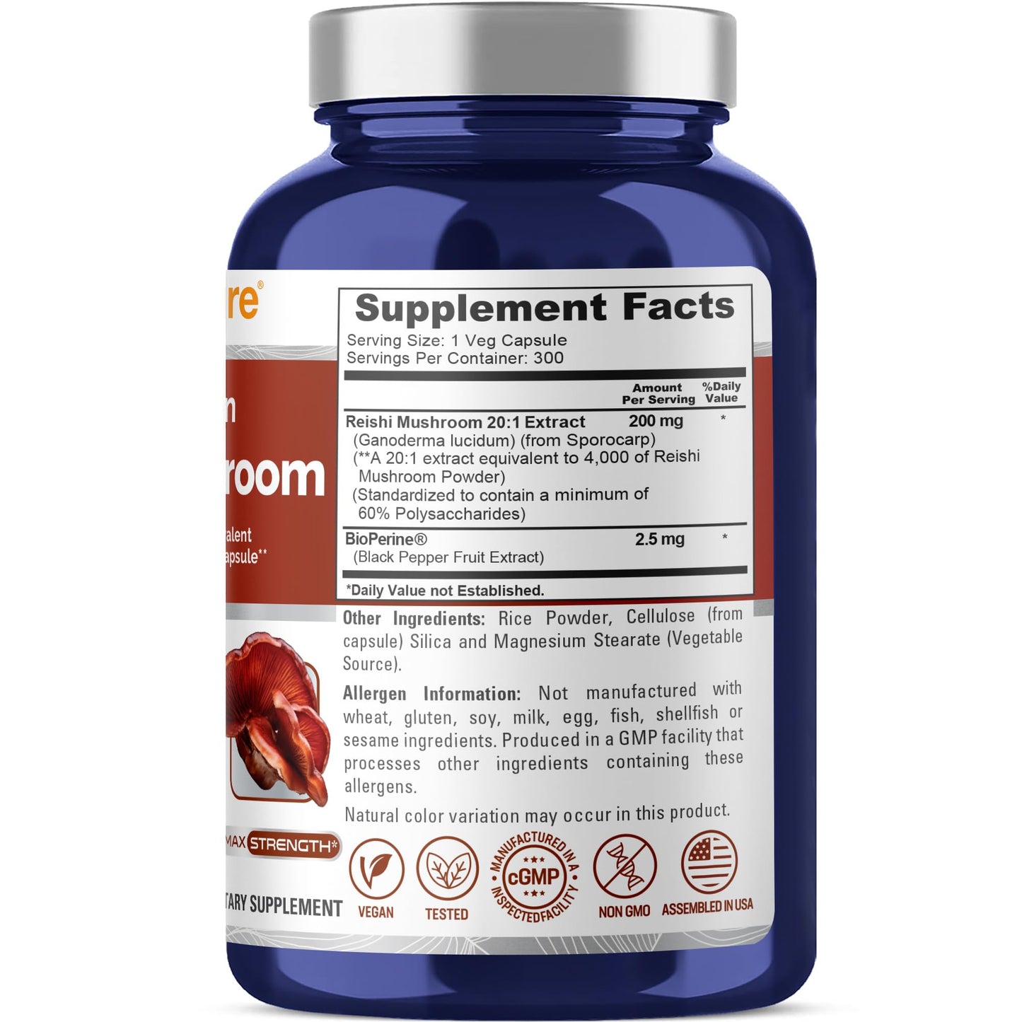 NusaPure Reishi Mushroom Extract 20:1 Extract, 200 mg Equivalent to 4000mg per Capsule 300 Veggie Caps Vegan, Non-GMO, Vegan - Maple Wellness Supplements