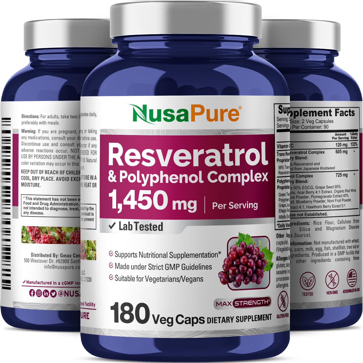 NusaPure Resveratrol & Polyphenol Complex 1450mg 180 Vegetarian Caps (Non-GMO, Vegan) Vitamin C - Maple Wellness Supplements