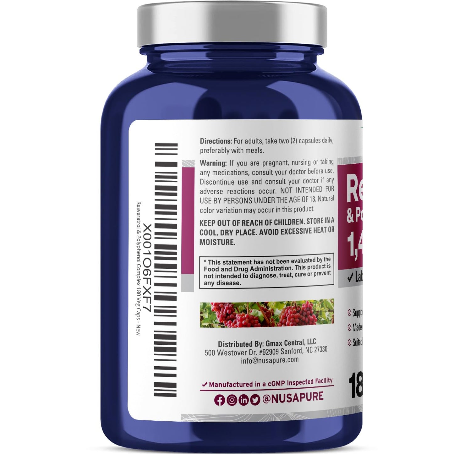 NusaPure Resveratrol & Polyphenol Complex 1450mg 180 Vegetarian Caps (Non-GMO, Vegan) Vitamin C - Maple Wellness Supplements