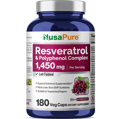 NusaPure Resveratrol & Polyphenol Complex 1450mg 180 Vegetarian Caps (Non-GMO, Vegan) Vitamin C - Maple Wellness Supplements