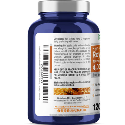 NusaPure Royal Jelly 10:1 Extract, 400 mg Equivalent to 4000mg - 120 Veggie Capsules (Non-GMO, Dairy Free, Dietary Supplement) - Maple Wellness Supplements
